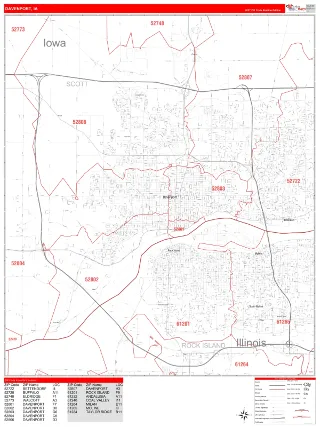 Davenport, IA RedLine style ZIP Code wall map