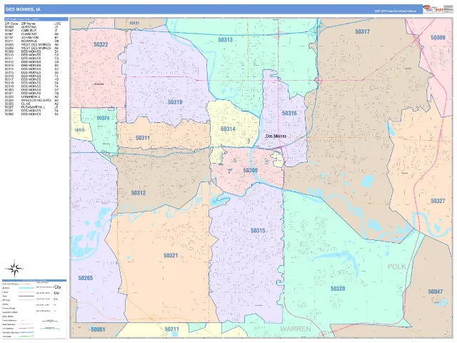 Des Moines, IA ZIP Code Wall Map, ColorCast style