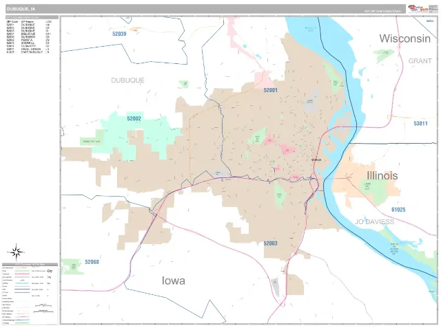 Dubuque, IA ZIP Code Wall Map, Classic style