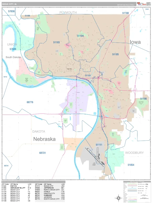Sioux City, IA ZIP Code Wall Map, Classic style