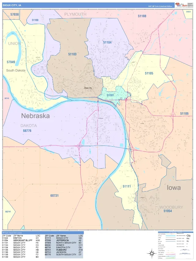 Sioux City, IA ZIP Code Wall Map, ColorCast style