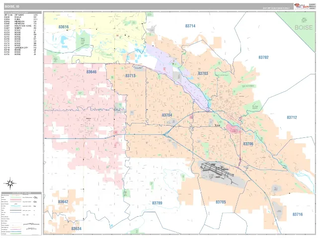 Boise, ID ZIP Code Wall Map, Classic style