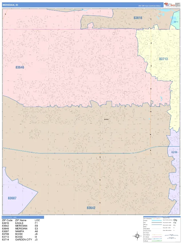 Meridian, ID ZIP Code Wall Map, ColorCast style