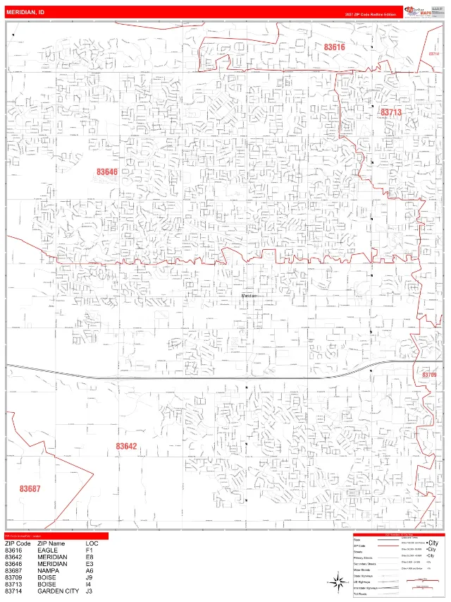 Meridian, ID ZIP Code Wall Map, RedLine style