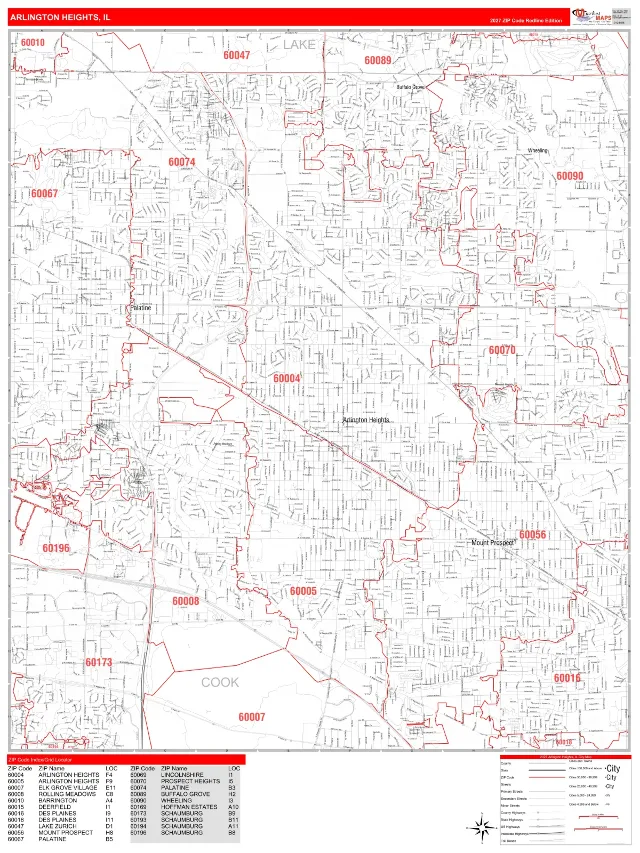Arlington Heights, IL ZIP Code Wall Map, RedLine style