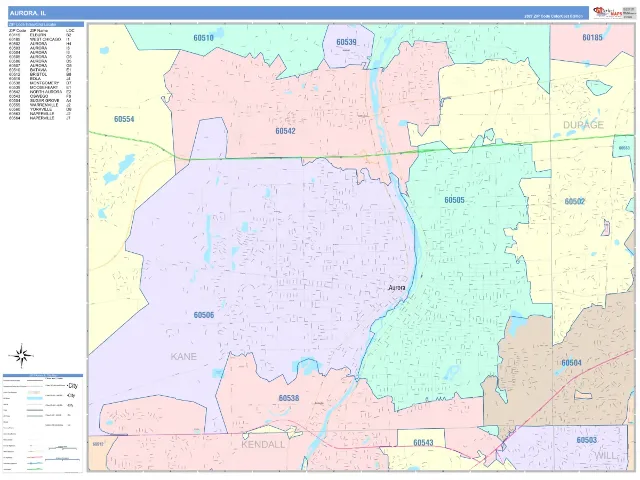 Aurora, IL ZIP Code Wall Map, ColorCast style