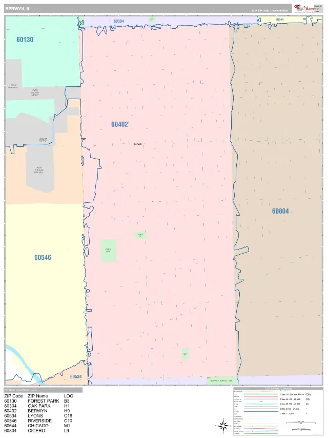 Berwyn, IL ZIP Code Wall Map, Classic style