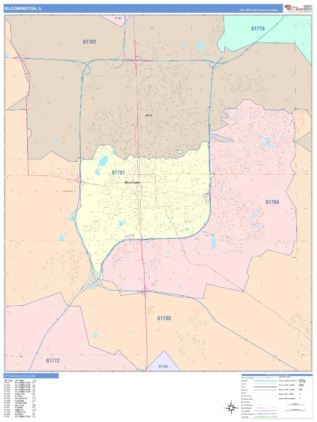 Bloomington, IL ZIP Code Wall Map, ColorCast style