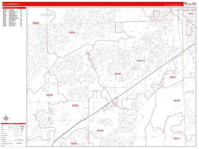 Bolingbrook, IL ZIP Code Wall Map, RedLine style