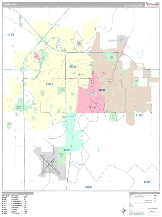Champaign, IL Classic style ZIP Code wall map