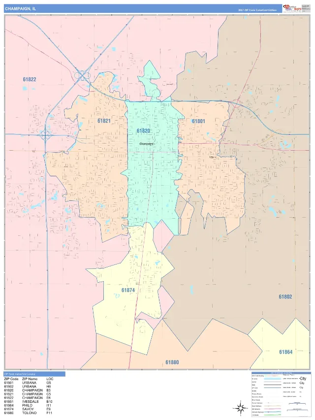 Champaign, IL ZIP Code Wall Map, ColorCast style