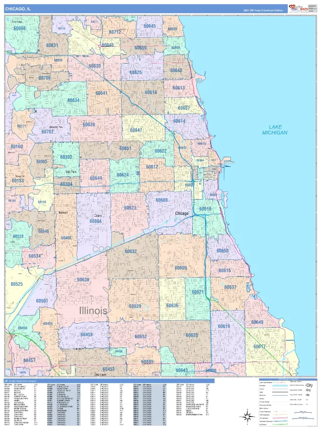 Chicago, IL ZIP Code Wall Map, ColorCast style