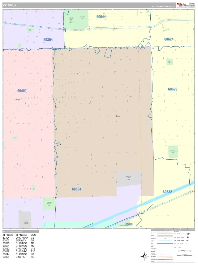 Cicero, IL ZIP Code Wall Map, Classic style