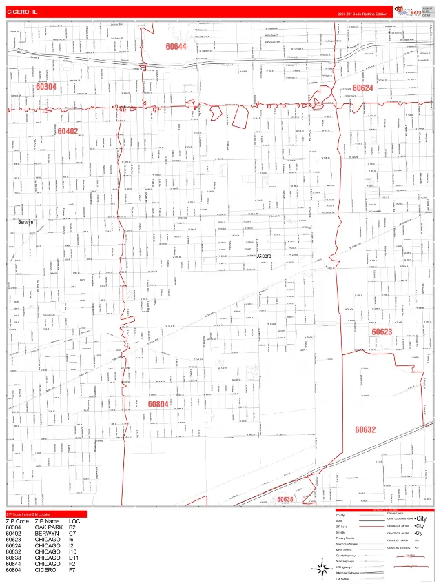 Cicero, IL ZIP Code Wall Map, RedLine style