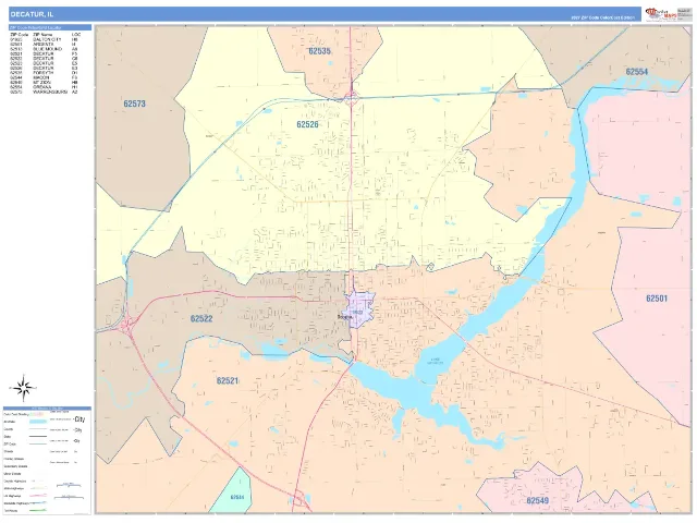 Decatur, IL ZIP Code Wall Map, ColorCast style