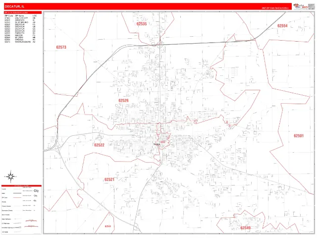 Decatur, IL ZIP Code Wall Map, RedLine style