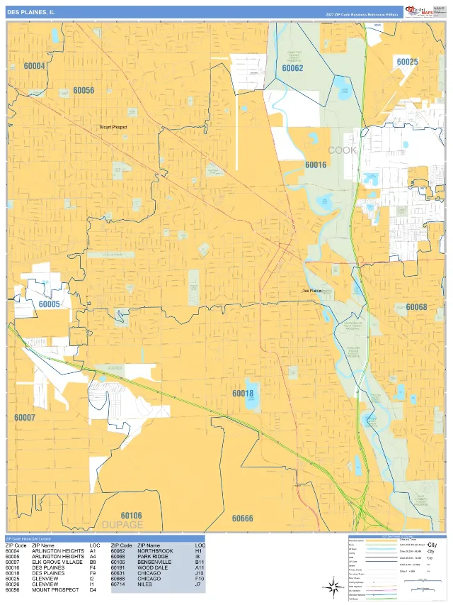 Des Plaines, IL ZIP Code Wall Map, Business Reference style