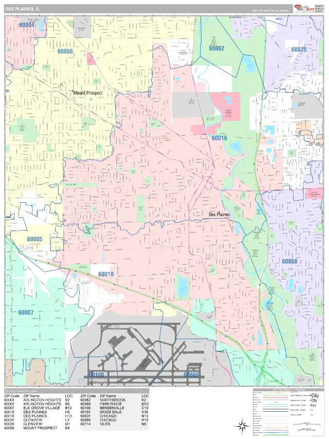 Des Plaines, IL ZIP Code Wall Map, Classic style