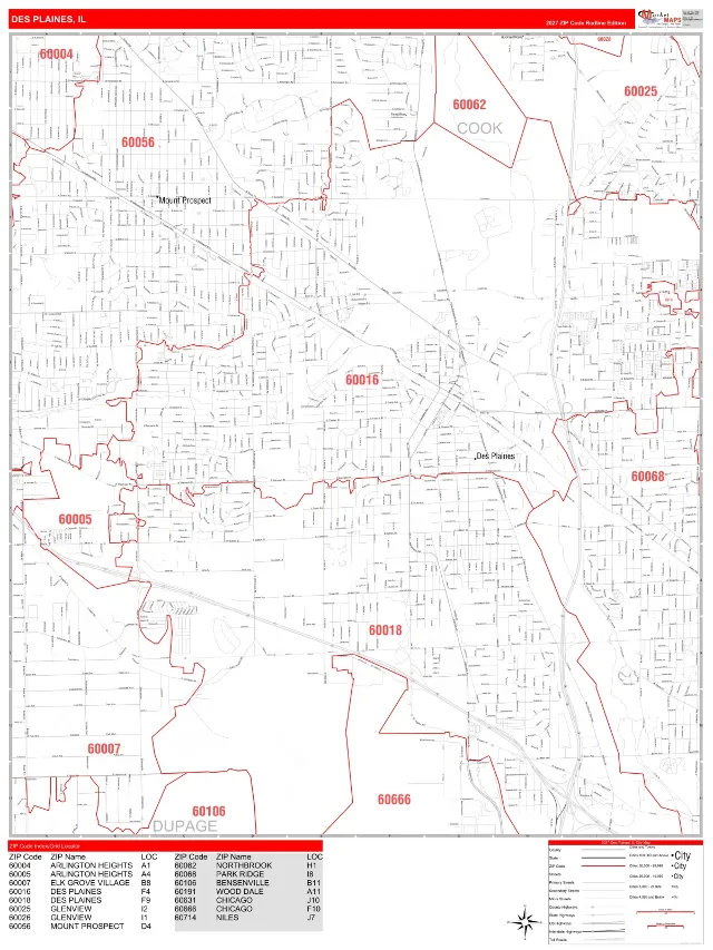 Des Plaines, IL ZIP Code Wall Map, RedLine style