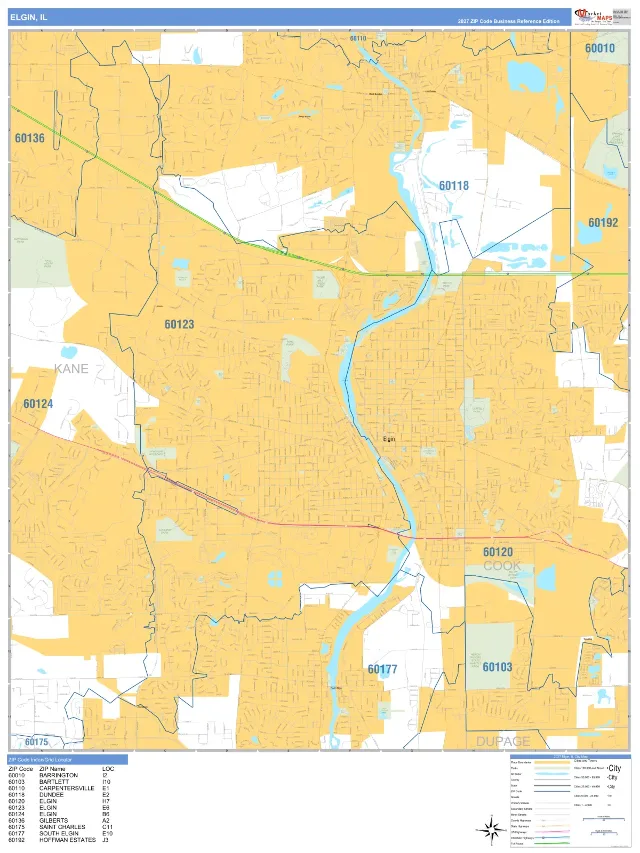 Elgin, IL ZIP Code Wall Map, Business Reference style