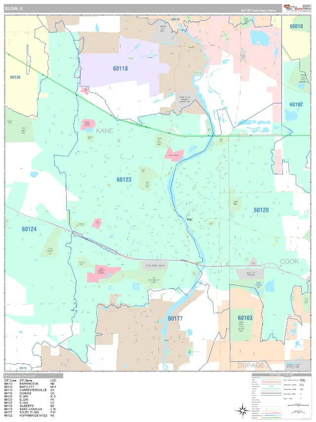 Elgin, IL ZIP Code Wall Map, Classic style