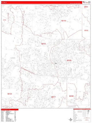 Elgin, IL RedLine style ZIP Code wall map