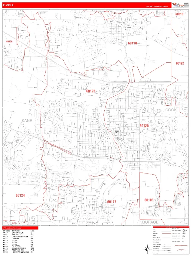 Elgin, IL ZIP Code Wall Map, RedLine style