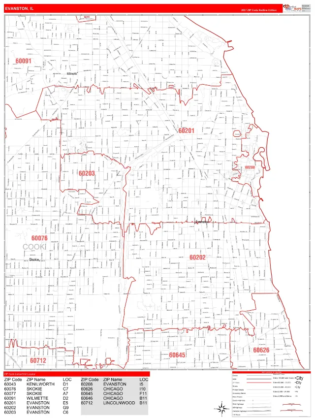 Evanston, IL ZIP Code Wall Map, RedLine style