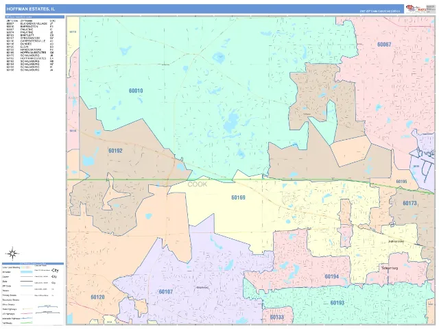 Hoffman Estates, IL ZIP Code Wall Map, ColorCast style