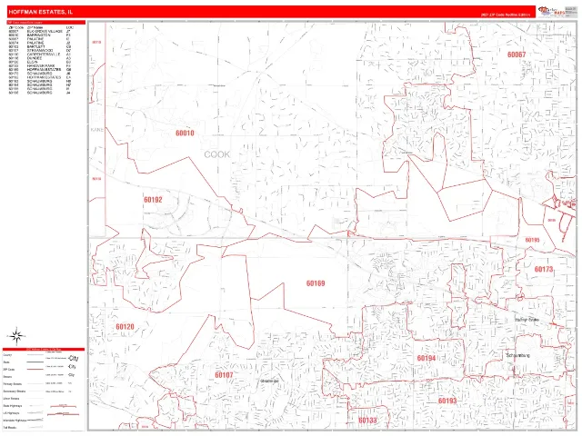 Hoffman Estates, IL ZIP Code Wall Map, RedLine style