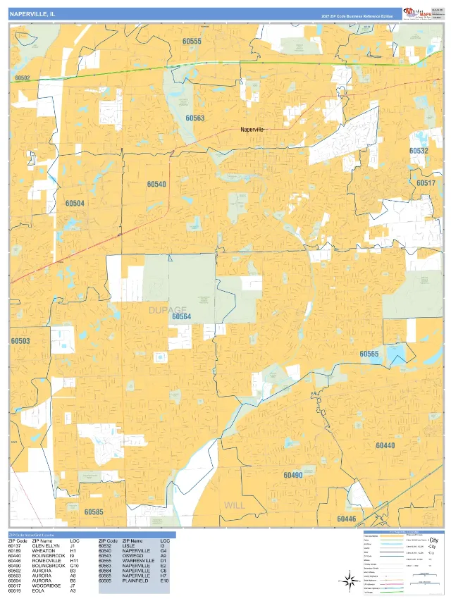 Naperville, IL ZIP Code Wall Map, Business Reference style