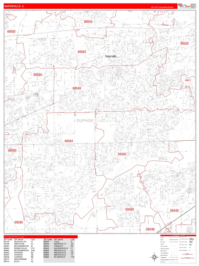 Naperville, IL ZIP Code Wall Map, RedLine style
