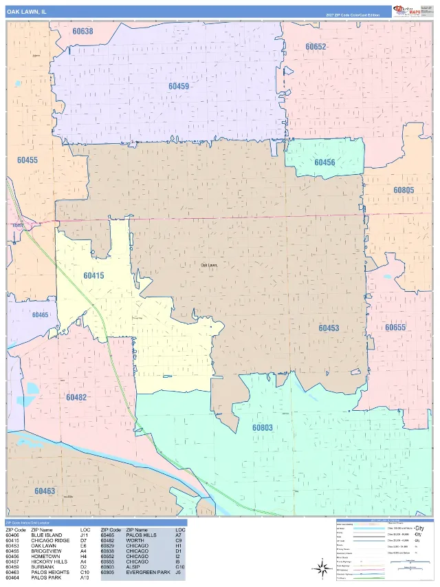 Oak Lawn, IL ZIP Code Wall Map, ColorCast style