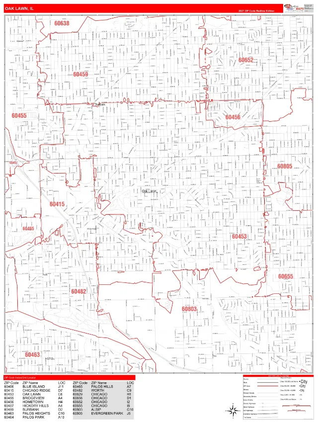 Oak Lawn, IL ZIP Code Wall Map, RedLine style