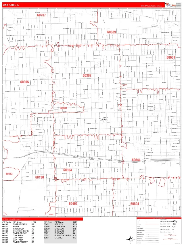 Oak Park, IL ZIP Code Wall Map, RedLine style