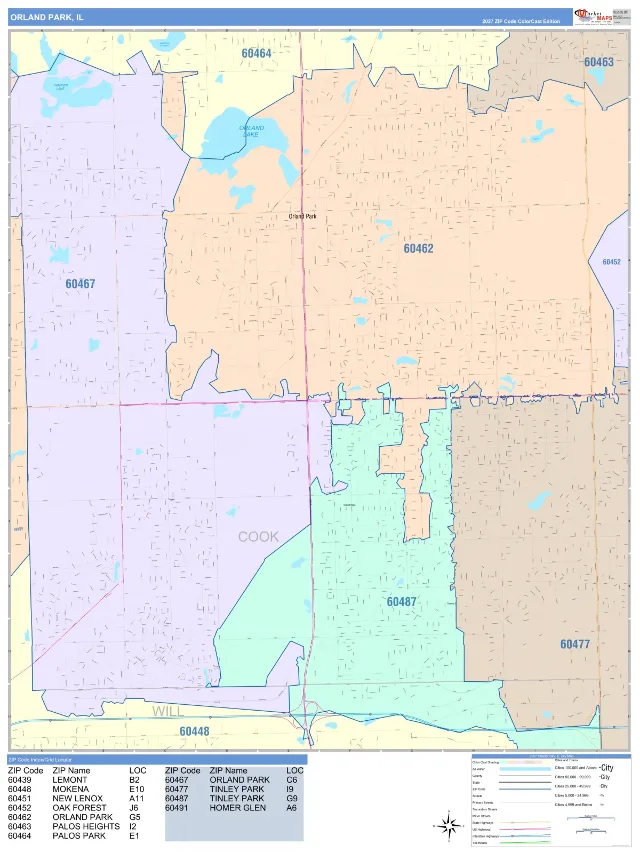 Orland Park, IL ZIP Code Wall Map, ColorCast style