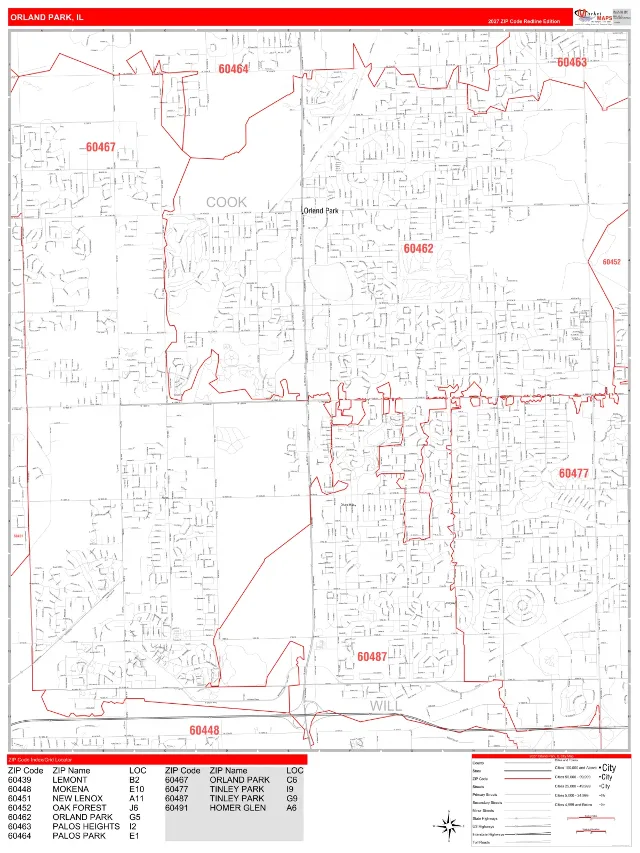 Orland Park, IL ZIP Code Wall Map, RedLine style