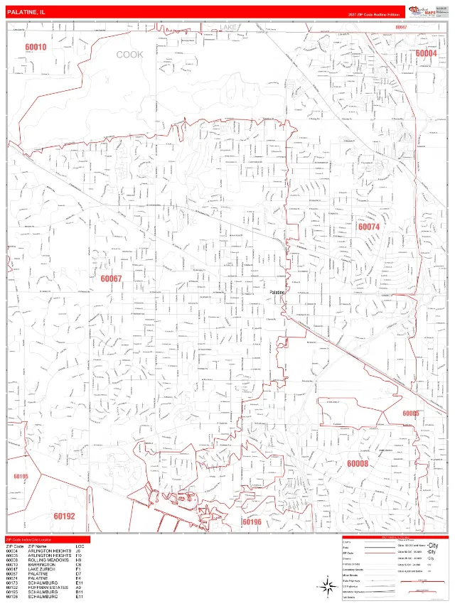 Palatine, IL ZIP Code Wall Map, RedLine style