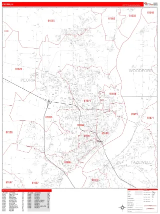 Peoria, IL RedLine style ZIP Code wall map