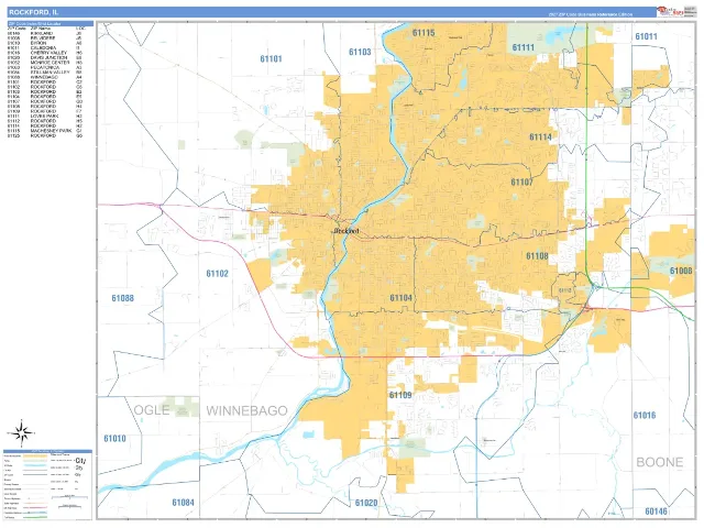 Rockford, IL ZIP Code Wall Map, Business Reference style