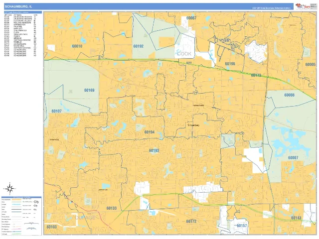 Schaumburg, IL ZIP Code Wall Map, Business Reference style
