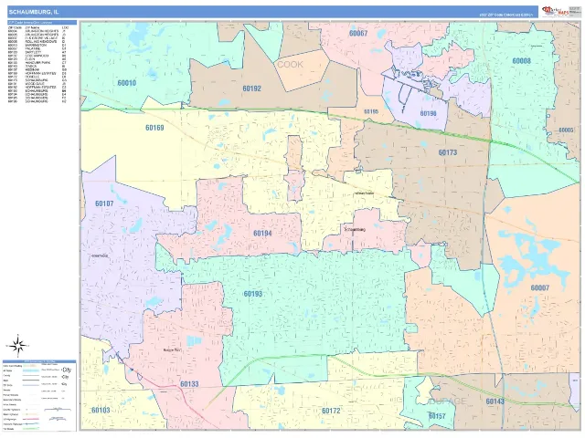 Schaumburg, IL ZIP Code Wall Map, ColorCast style
