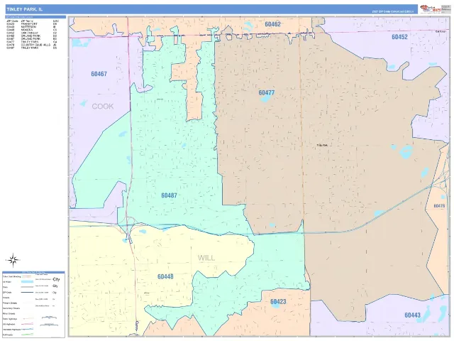 Tinley Park, IL ZIP Code Wall Map, ColorCast style