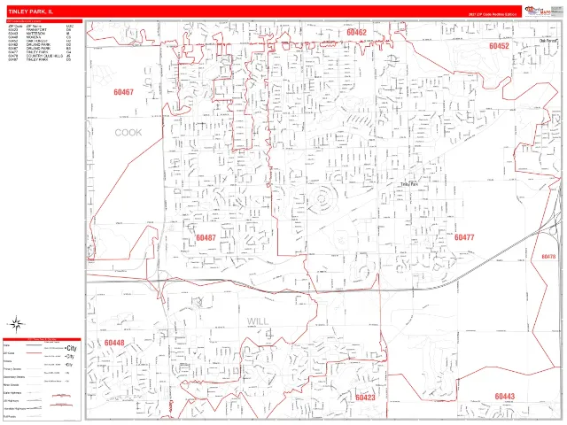Tinley Park, IL ZIP Code Wall Map, RedLine style
