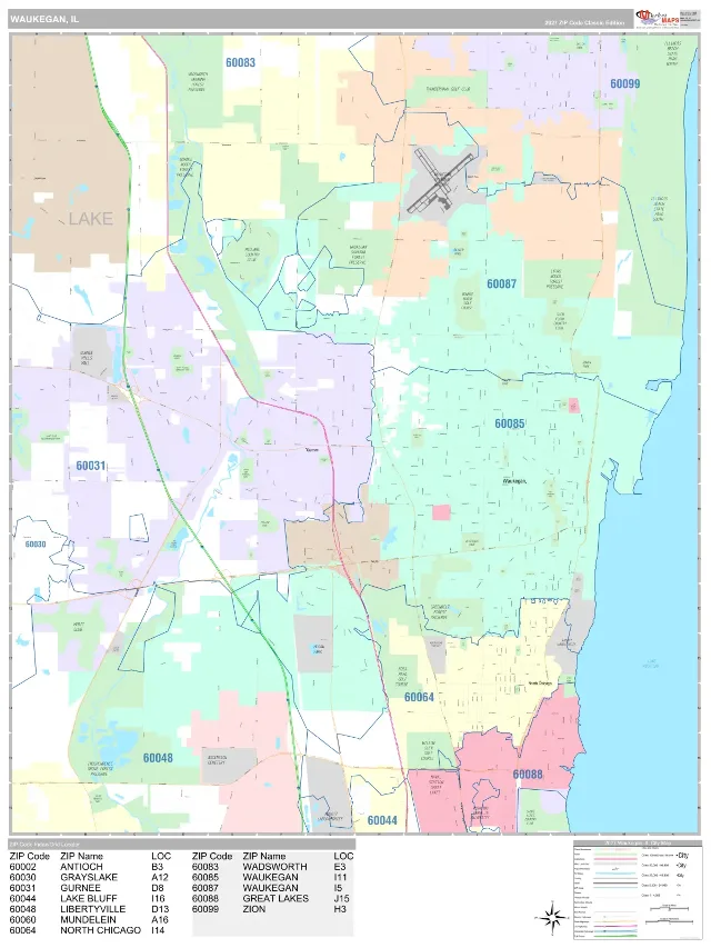 Waukegan, IL ZIP Code Wall Map, Classic style