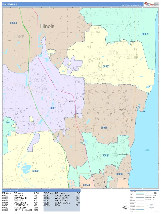 Waukegan, IL ZIP Code Wall Map, ColorCast style
