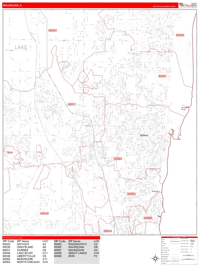 Waukegan, IL ZIP Code Wall Map, RedLine style