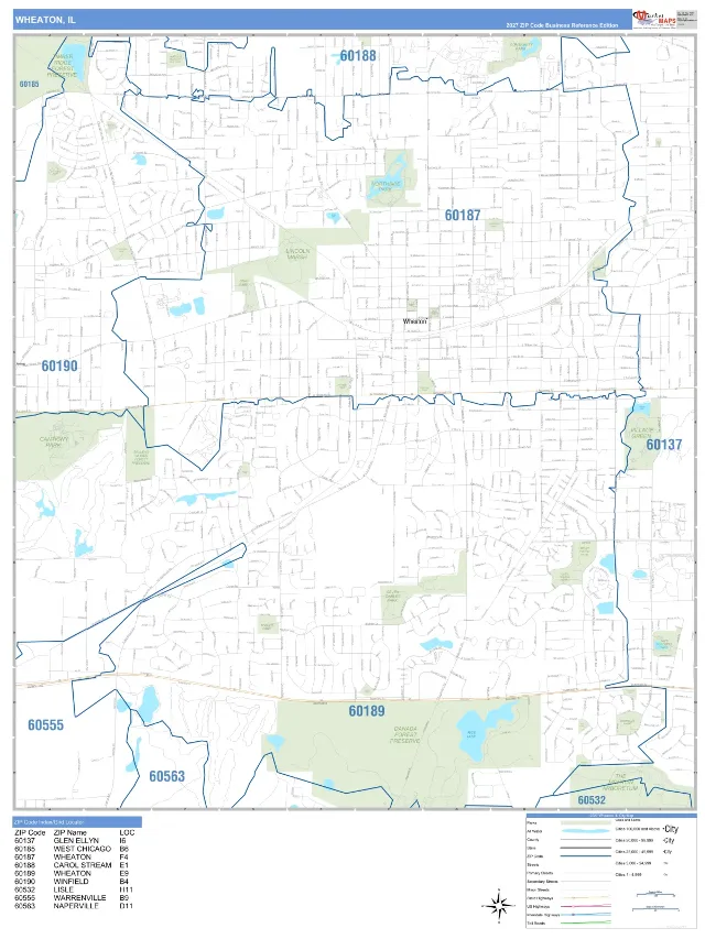 Wheaton, IL ZIP Code Wall Map, Business Reference style