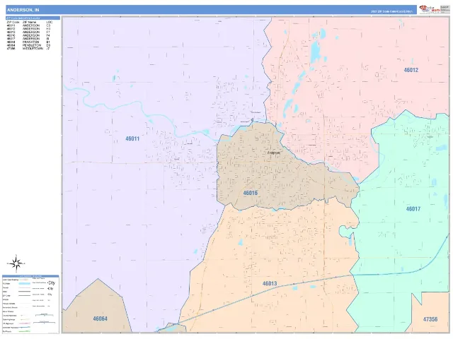 Anderson, IN ZIP Code Wall Map, ColorCast style
