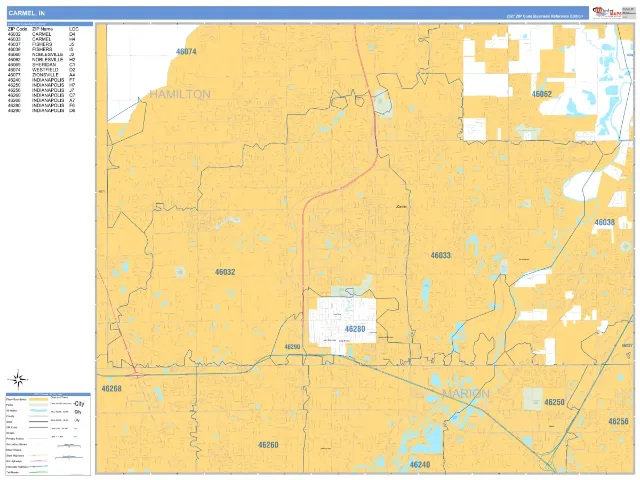 Carmel, IN ZIP Code Wall Map, Business Reference style